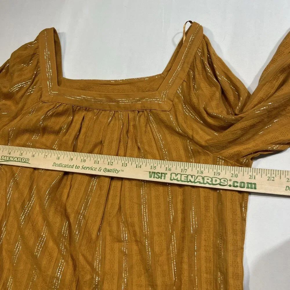 LC Lauren Conrad Metallic Stripe Square Neck Peasant Blouse Top Mustard M Cotton - Picture 8 of 9